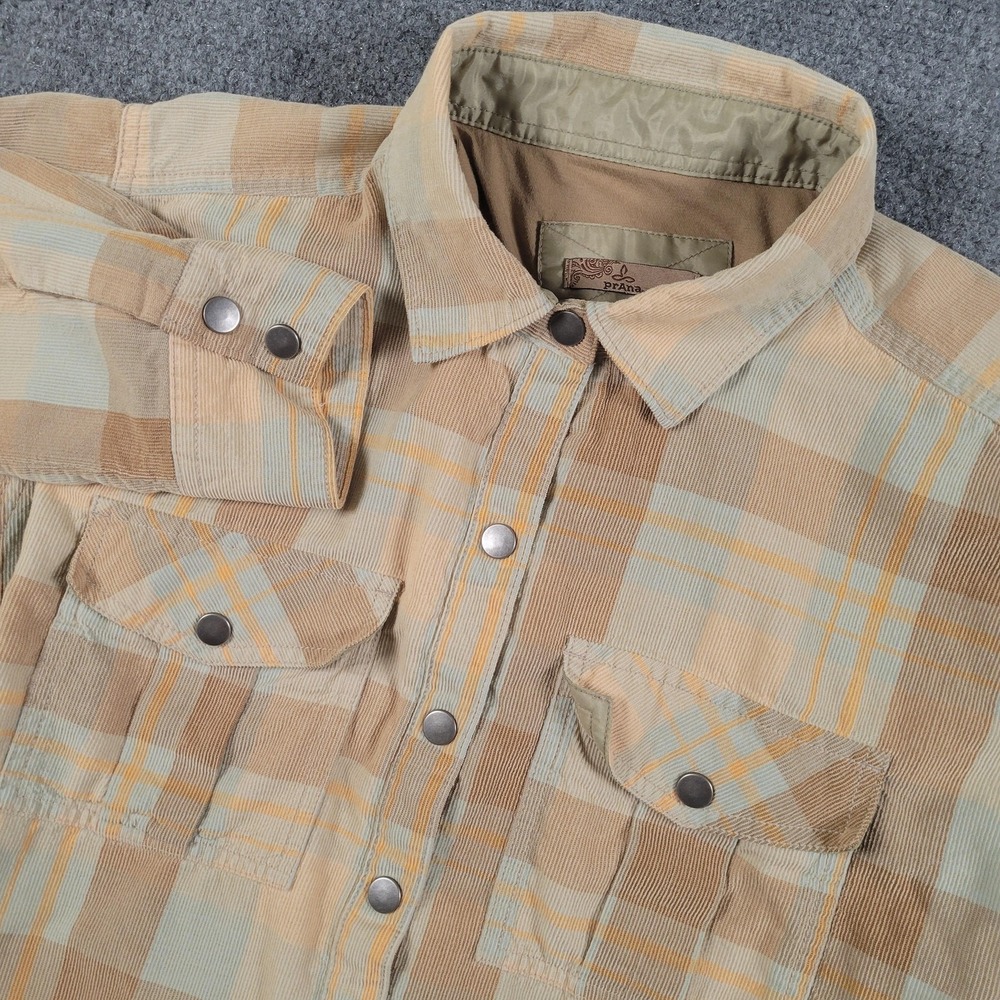 prAna Shacket Womens Medium Tan‎ Blue Plaid Corduroy Snap Front Pockets Western